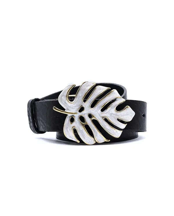 CINTURÓN DE PIEL CON HEBILLA HOJA ESMALTADA BLANCA