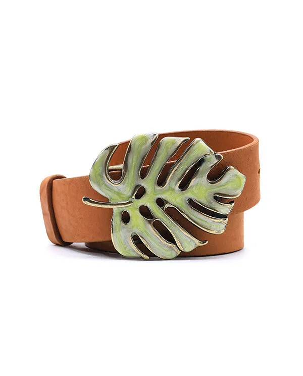CINTURÓN DE PIEL CON HEBILLA HOJA ESMALTADA VERDE