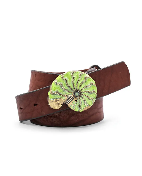 CINTURÓN DE PIEL CON HEBILLA CARACOLA ESMALTADA VERDE